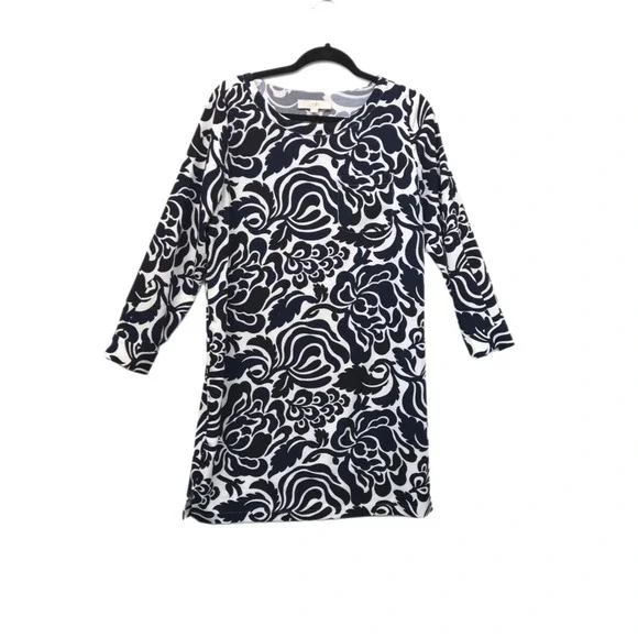 LOFT Shift Dress Women's Size M Long Sleeve Black White Navy Floral - Picture 2 of 8